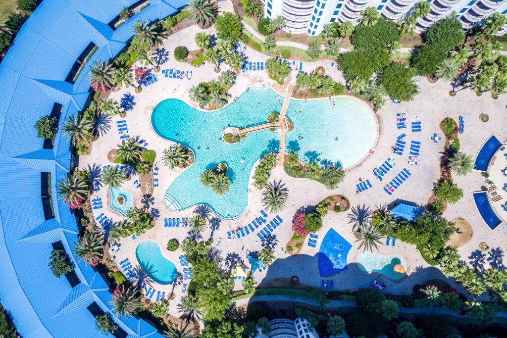 A view of an aerial photo of a resort pool.