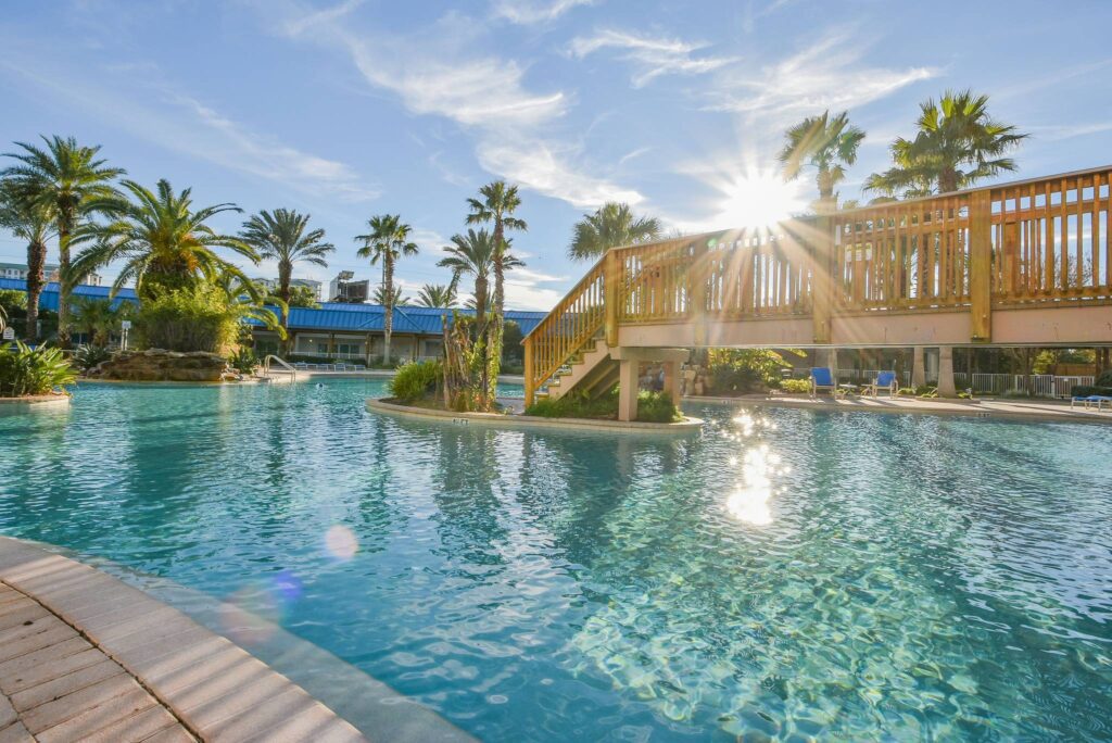 A pool with palm trees and sun shining in the background.